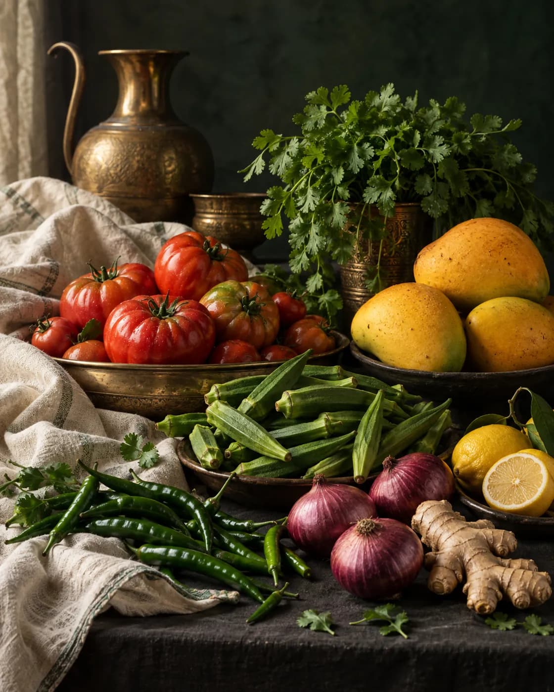 Fresh tomatoes, okra, chilies and mangoes